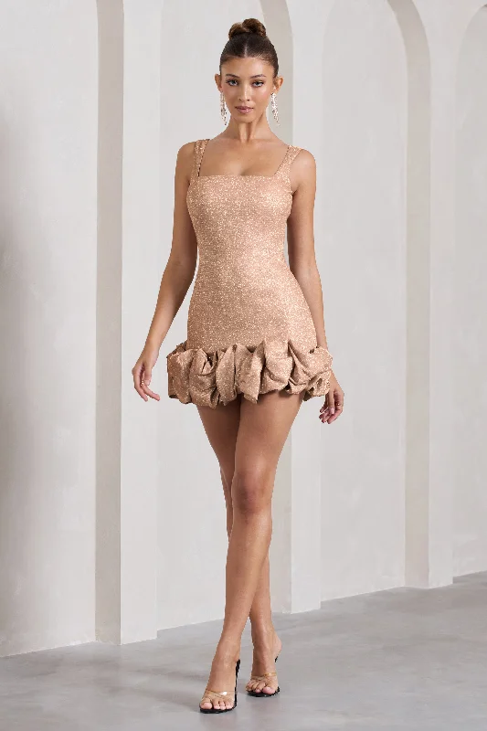 Women's mini dress short glow -Lucy | Blush Glitter Strappy Micro Mini Dress With Ruffle Trim