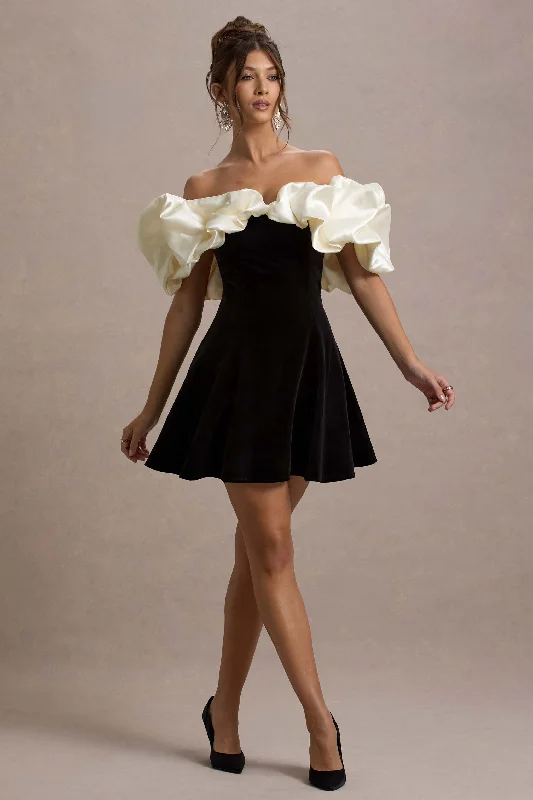 Women's mini dress haze glow -Brynne | Black & Cream Velvet Mini Dress With Satin Puff Sleeves