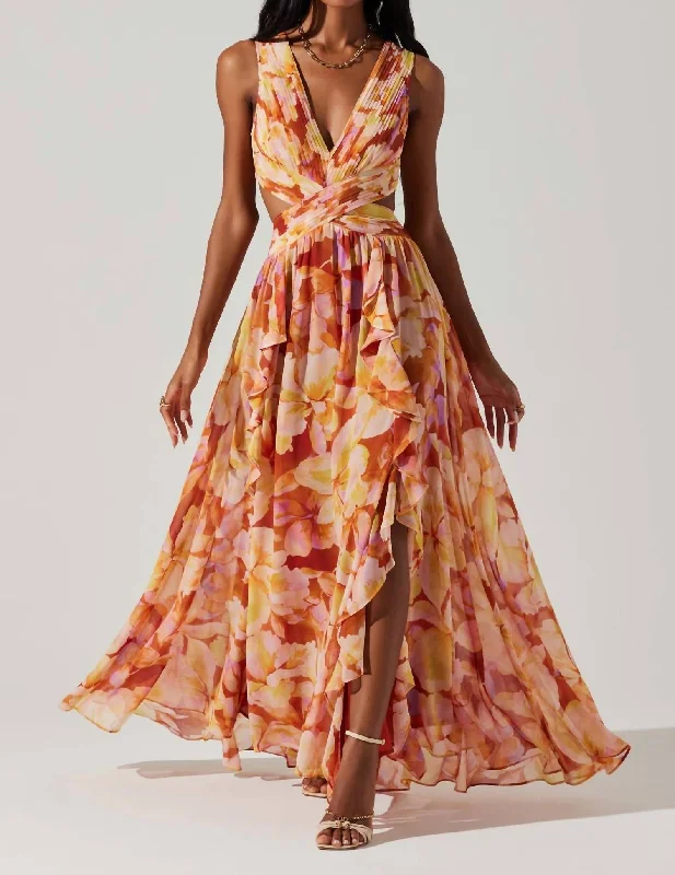 ladies-floral-dress-tiered-tulip-Noya Dress In Rust Yellow Floral