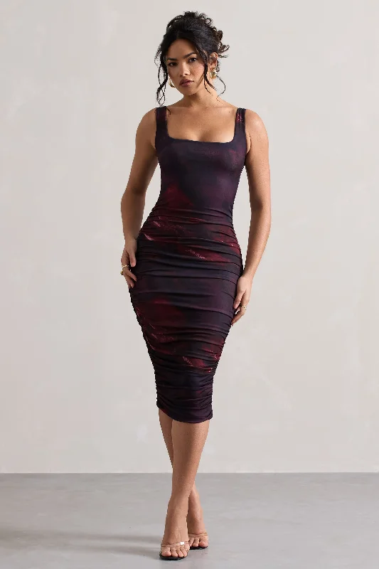 ladies-midi-dress-metallic-muse-Lisbon | Plum Print Square Neck Ruched Midi Dress