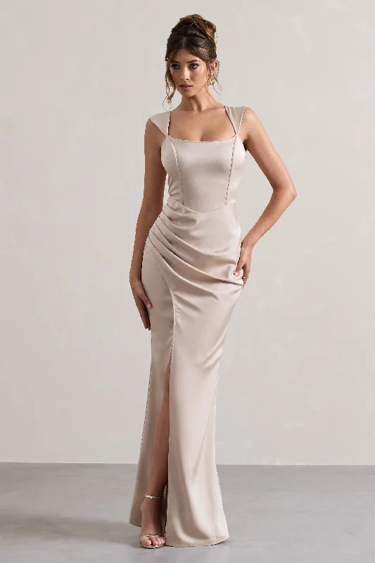 ladies-maxi-dress-ruffle-ripple-A Romantic | Champagne Satin Corset Wrap Maxi Dress