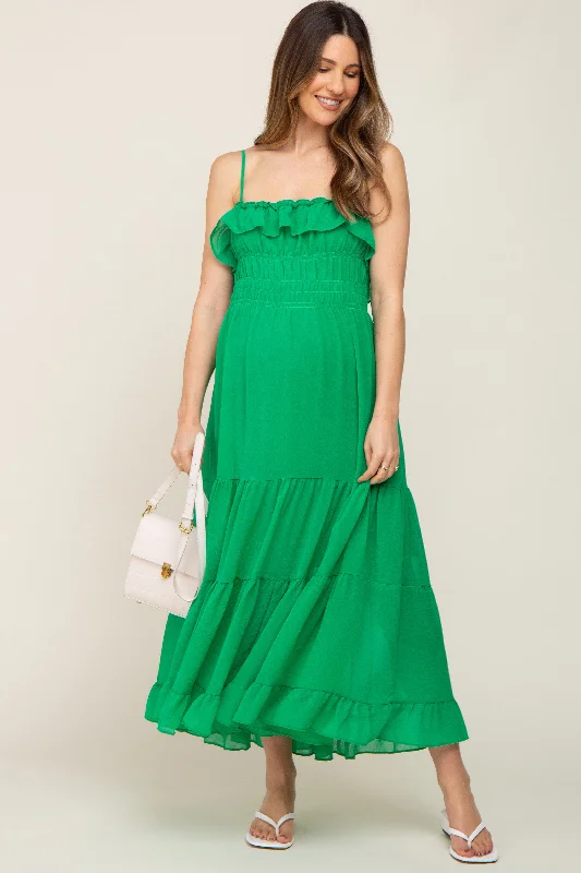 ladies-midi-dress-petite-poise-Green Shirred Ruffle Maternity Midi Dress