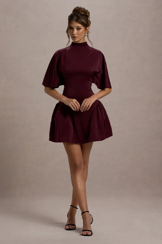 Women's mini dress roar flair -Alva | Burgundy High-Neck Short-Sleeve Mini Dress With Volume Skirt