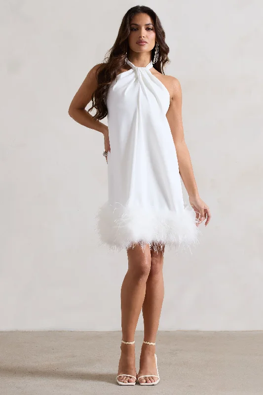 Women's mini dress mauve shine -Femme | White Halter-Neck Smock Mini Dress With Feather Hem