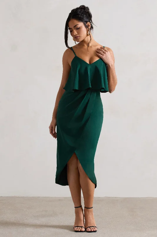 ladies-midi-dress-orchid-opulence-Faro | Bottle Green Strappy Draped-Neck Wrap Midi Dress