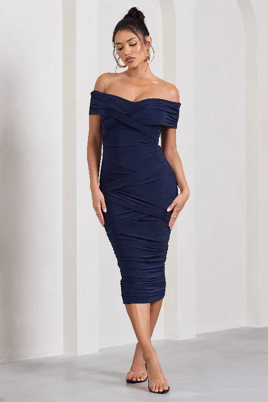 ladies-midi-dress-cap-sleeve-chic-Amanda | Navy Twisted Wrap Bardot Midi Dress