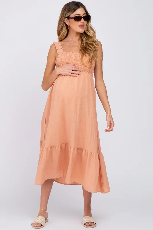 ladies-midi-dress-zip-front-zen-Peach Smocked Maternity Midi Dress