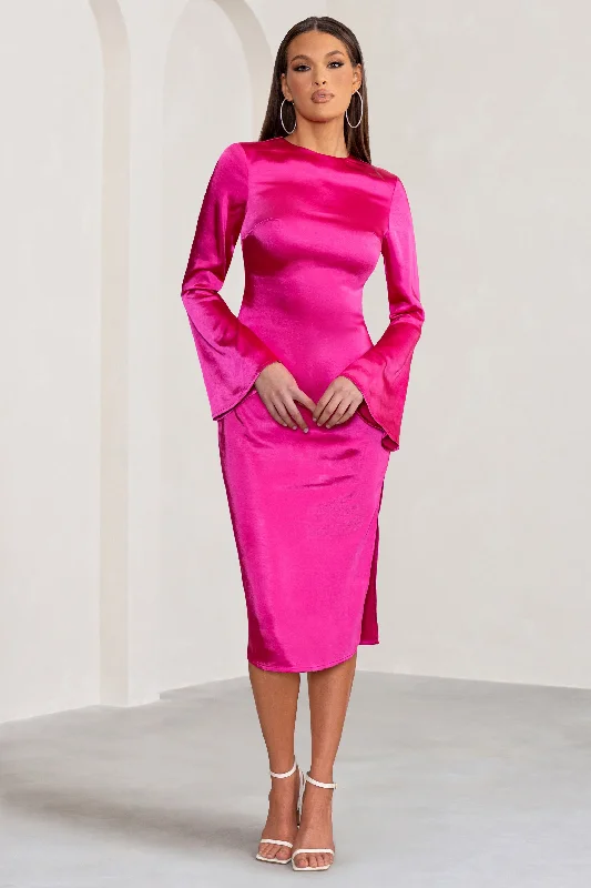 ladies-midi-dress-caramel-cascade-Zaina | Hot Pink Long Sleeve Midi Dress with High Neckline