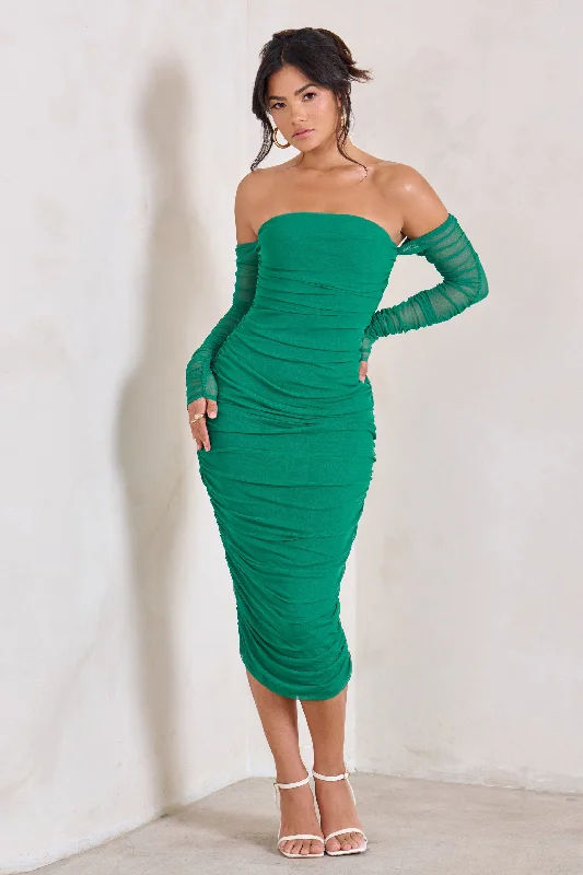 ladies-midi-dress-pearl-poise-Sorella | Green Ruched Mesh Bardot Midi Dress