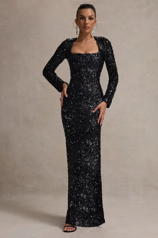 ladies-maxi-dress-orchid-opulence-My Dream | Black Sequin Square-Neck Long-Sleeve Maxi Dress