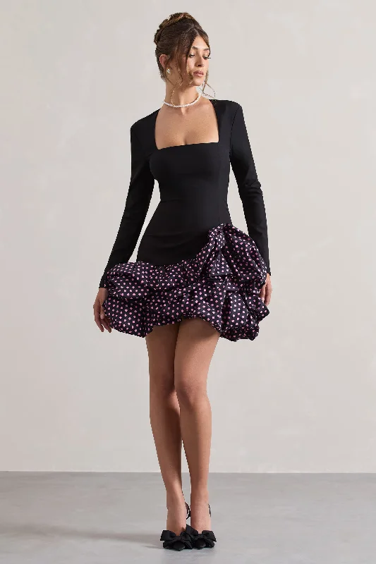 Women's mini dress quick step -Surreal | Black Polka Dot Square-Neck Mini Dress With Ruffles