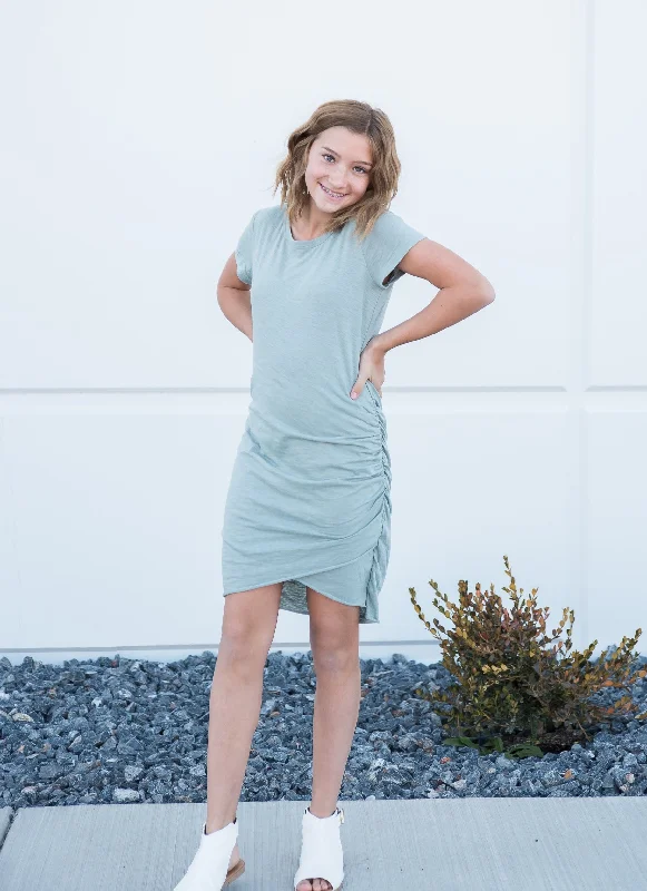 Women's shirt dress ochre glow -Woman's Casual Tee Shirt Dress with Tulip Hemline in Steel Blue