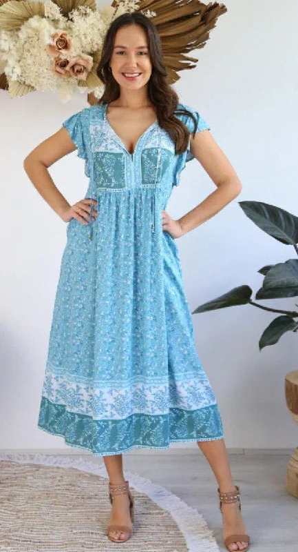 ladies-floral-dress-seasonal-sprig-S0575A-129 Salty Bright Blue Floral Below the Knee Dress