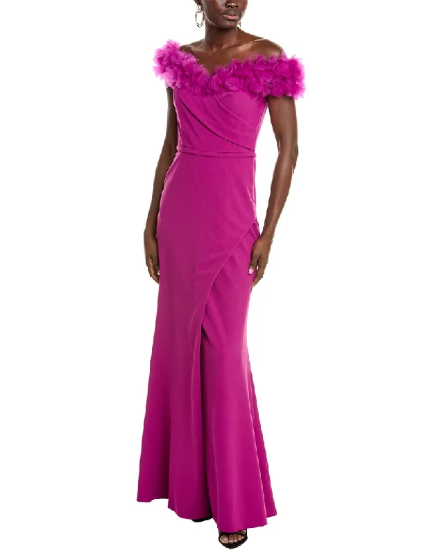 ladies-floral-dress-one-shoulder-orchid-Rene Ruiz Off-The-Shoulder Floral Embellished Column Gown