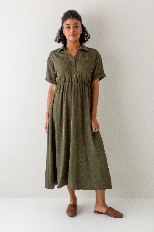 ladies-midi-dress-flowy-freedom-'Sonata' Collared Button Up A-Line Midi Dress in Olive