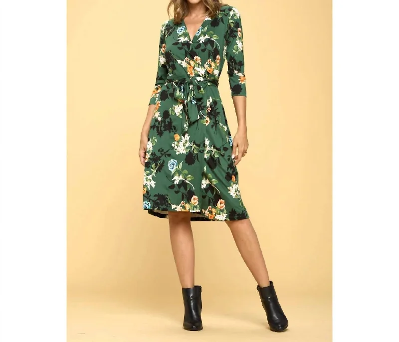 ladies-floral-dress-comfortable-cosmos-Floral Print V-Neck Wrap Dress In Green