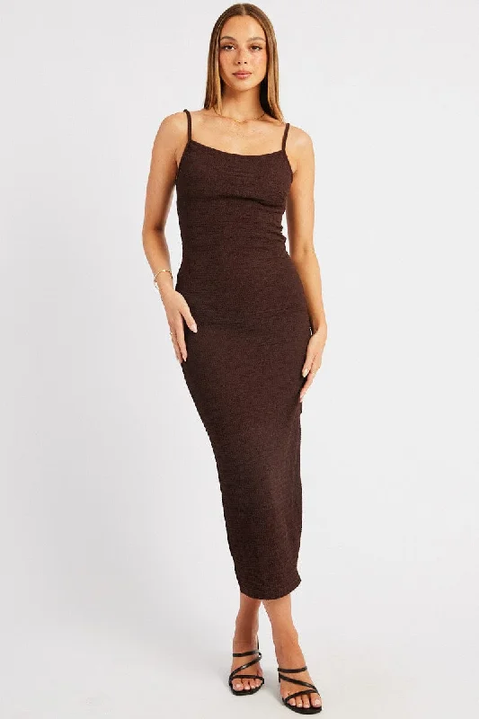 ladies-bodycon-dress-slim-sizzle-Brown Bodycon Dress Singlet Textured Midi