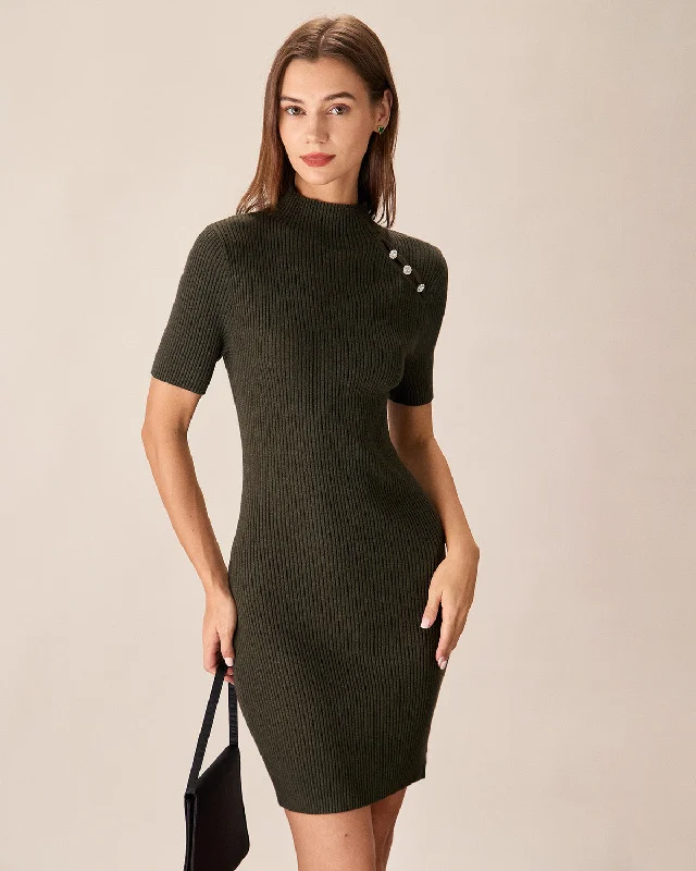 ladies-bodycon-dress-neon-nerve-Green Crew Neck Bodycon Sweater Dress