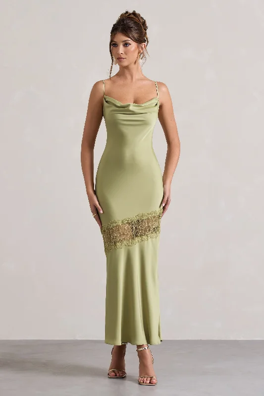 ladies-maxi-dress-off-shoulder-charm-Matera | Light Olive Satin Cowl-Neck Lace Trim Maxi Dress