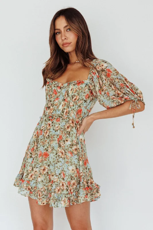 ladies-floral-dress-coffee-carnation-Kirra Puff Sleeve Ruched Bodice Dress Floral Green