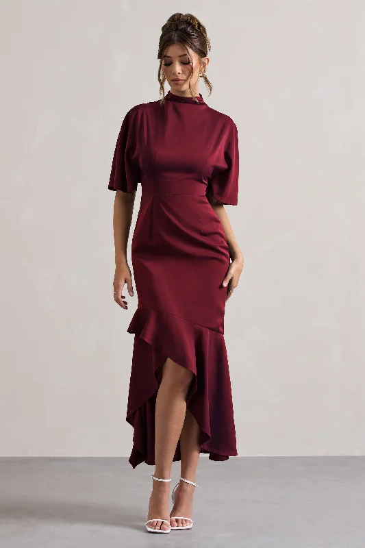 ladies-maxi-dress-mesh-magic-Lavinia | Berry High-Neck Flutter-Sleeve Asymmetric Maxi Dress