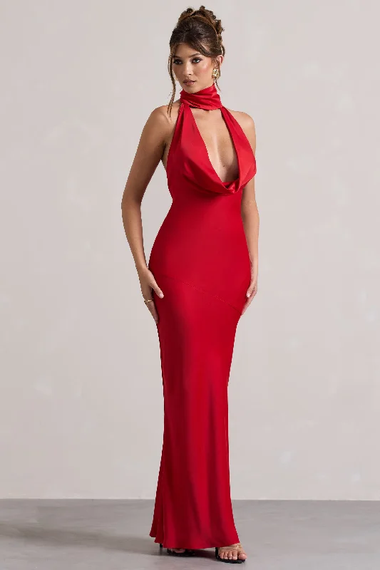 ladies-maxi-dress-striped-sway-Matea | Red Satin Cowl-Neck Maxi Dress