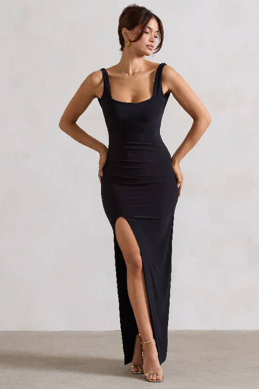 ladies-maxi-dress-sky-sweep-Kate | Black Square Neck Maxi Dress with Plunge Back and Side Thigh Split