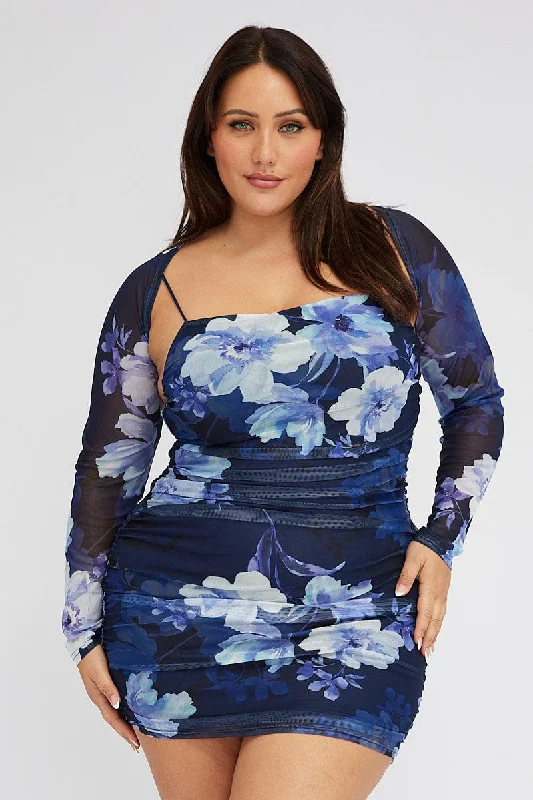 ladies-bodycon-dress-sapphire-snap-Blue Floral Mesh Bodycon Ruched Dress With Shrug