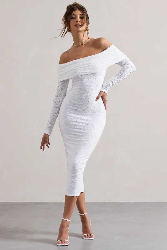 ladies-midi-dress-party-poise-Emmeline | White Knitted Broderie Bardot Midi Dress