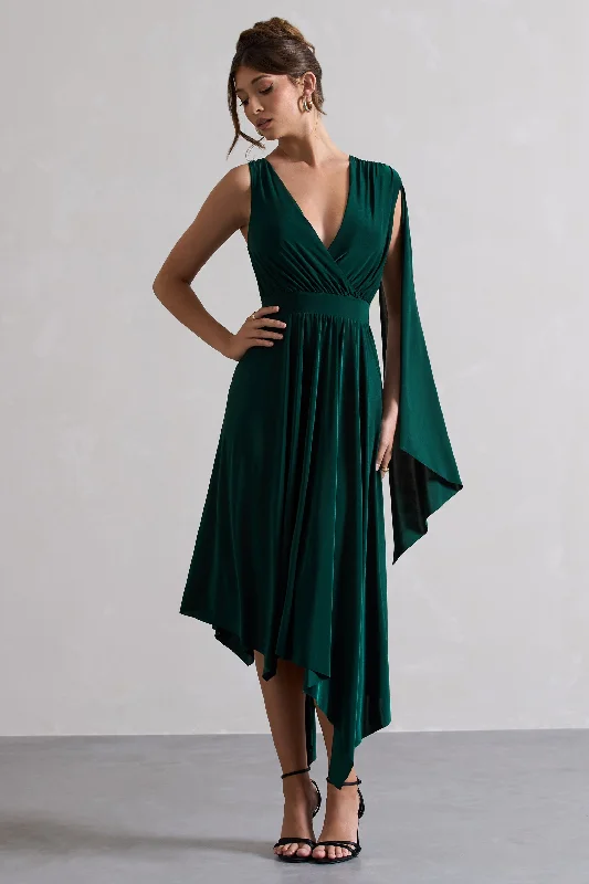 ladies-maxi-dress-winter-warmth-Fable | Bottle Green Plunge-Neck Maxi Dress With Cape Sleeve