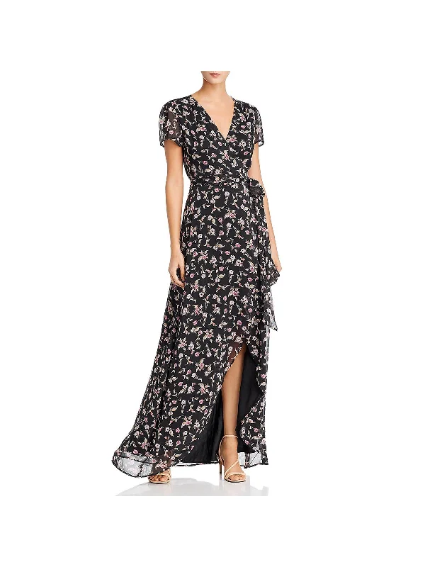 ladies-floral-dress-sand-sunflower-Womens Floral Surplice Wrap Dress