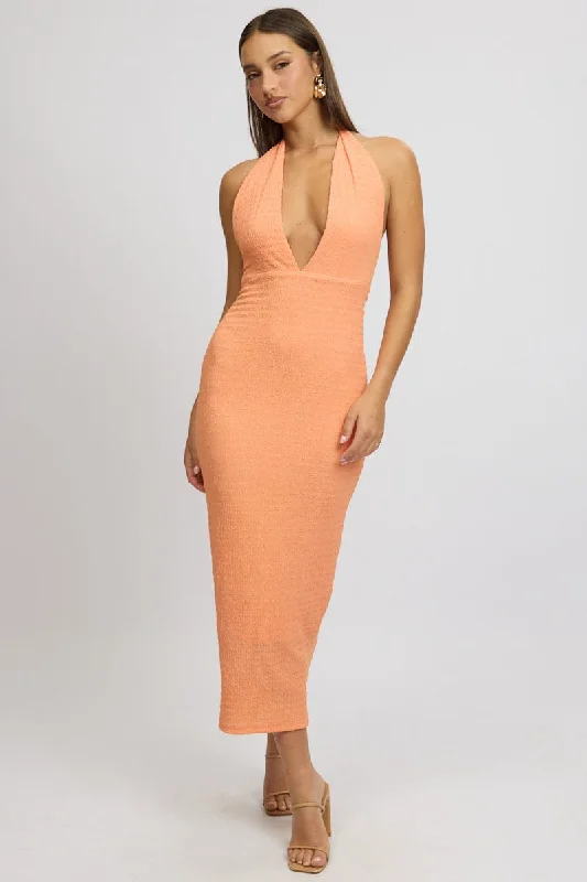 ladies-bodycon-dress-rust-riot-Orange Bodycon Dress Halter Neck Texured