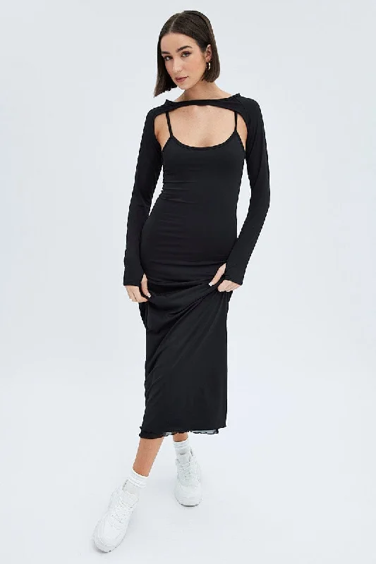 ladies-bodycon-dress-crimson-craze-Black Shrug & Dress Set Long Sleeve Maxi Bodycon Jersey