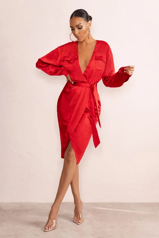 ladies-midi-dress-sunset-sway-True Romance | Red Satin Plunge Neck Midi Dress With Belt Detail