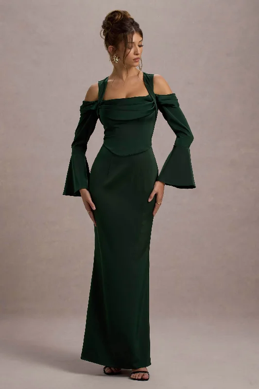 ladies-maxi-dress-padded-prance-Heartthrob | Green Satin Draped Bardot Maxi Dress