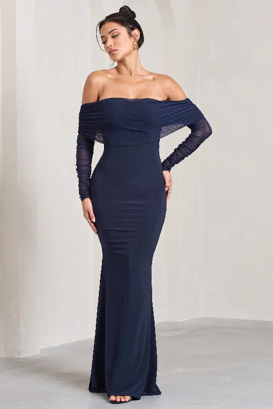 ladies-maxi-dress-satin-sweep-Madeleine | Navy Fishtail Maxi Dress With Bardot Mesh Long Sleeves