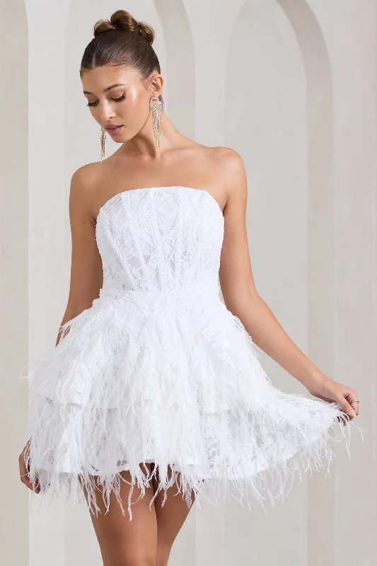 Women's mini dress spin flair -Little Wish | White Sequin Lace Strapless Mini Dress With Feathers