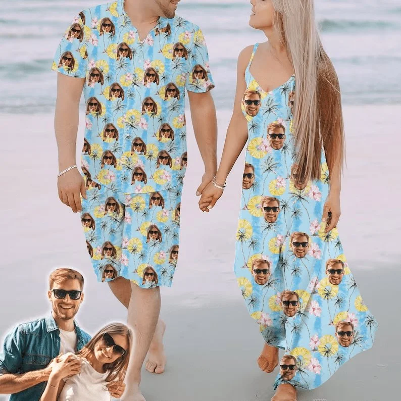 Women's shirt dress tease pop -Couple Hawaiian Dress Set Cruise Outfit Custom Face Pineapple Coconut Hawaiian Shirt Set&Dress