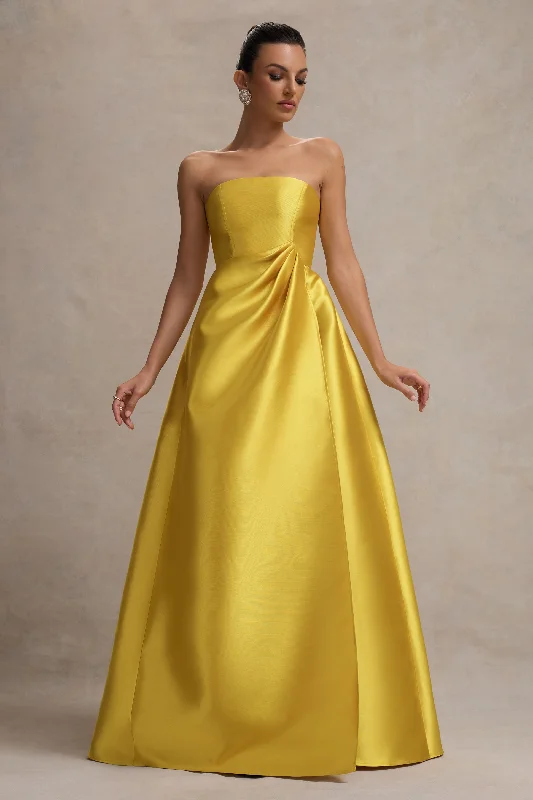 ladies-maxi-dress-off-shoulder-charm-Universe | Mustard Bandeau Split Puff-Skirt Maxi Dress