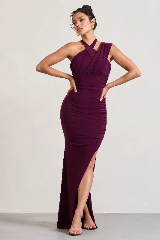 ladies-maxi-dress-sunset-sway-Ignite | Burgundy Strappy Halter-Neck Asymmetric Maxi Dress