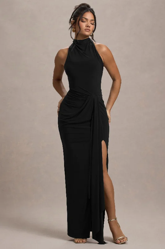 ladies-maxi-dress-cap-sleeve-calm-Khari | Black High-Neck Twisted Maxi Dress With Drape