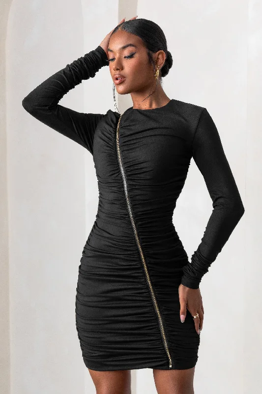 Women's mini dress vast flair -Empowered | Black High Neck Long Sleeves Zip Detail Mini Dress