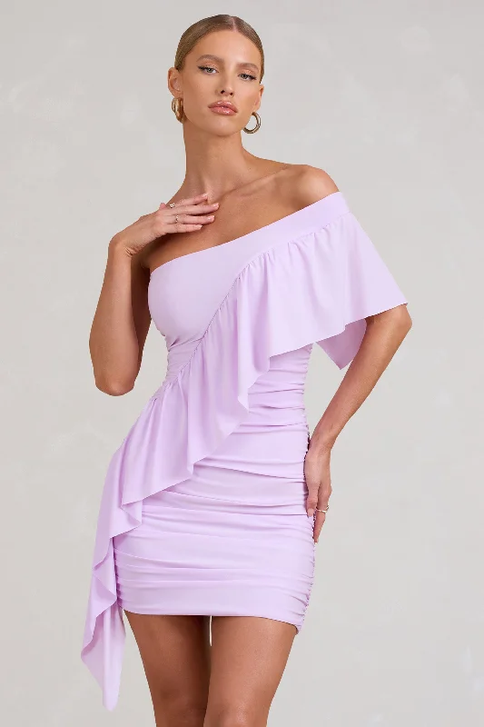 Women's mini dress fresh pop -Parfait | Lilac Asymmetric Ruched Mini Dress With Statement Ruffles