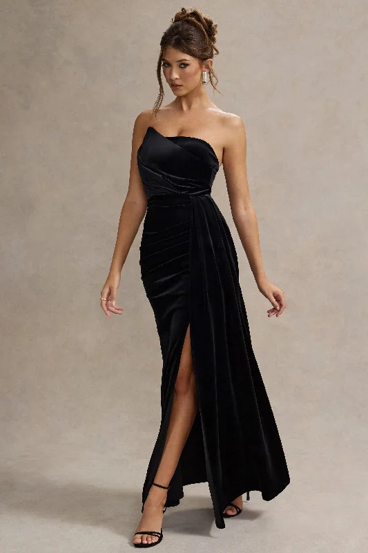 ladies-maxi-dress-aqua-aura-Zafira | Black Velvet Strapless Draped Maxi Dress