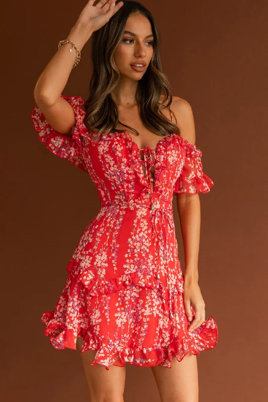 ladies-floral-dress-periwinkle-petal-Maranda Bardot Lace-Up Bust Dress Dainty Floral Red