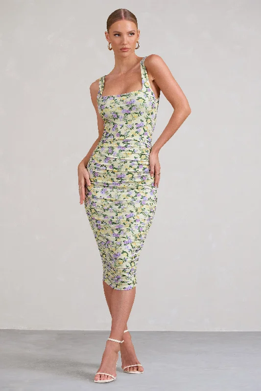 ladies-midi-dress-ecru-essence-Lisbon | Yellow Floral Print Square Neck Ruched Midi Dress