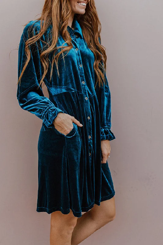 Women's shirt dress now flair -Velvet Double Pocket Shirt Collar Button Elegant Long Sleeve Dress