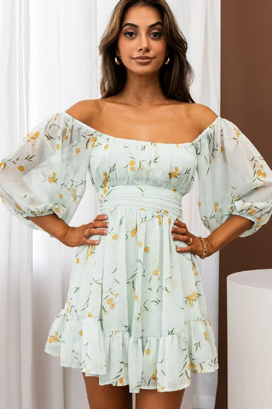 ladies-floral-dress-date-night-dahlia-Abby Off-Shoulder Tie-Up Back Dress Floral Print Mint