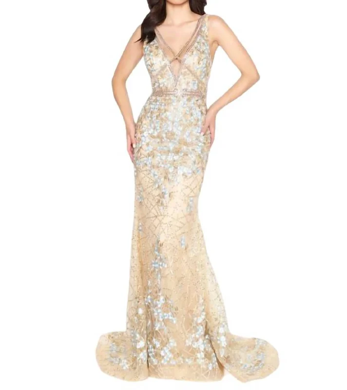 ladies-floral-dress-cream-chrysanthemum-Floral Couture Gown In Gold