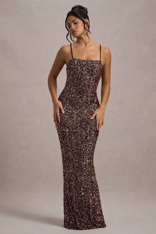 ladies-maxi-dress-soft-symphony-Cosmic | Bronze Sequin Square-Neck Strappy Maxi Dress